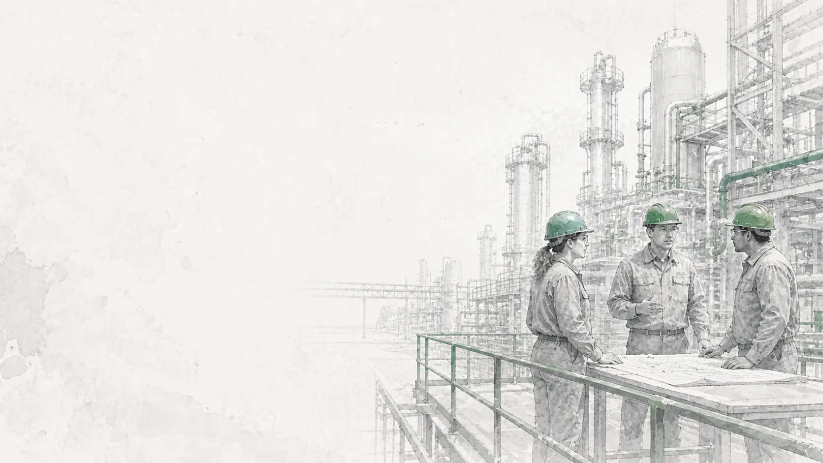 Industrial team reviewing plans in a refinery setting
